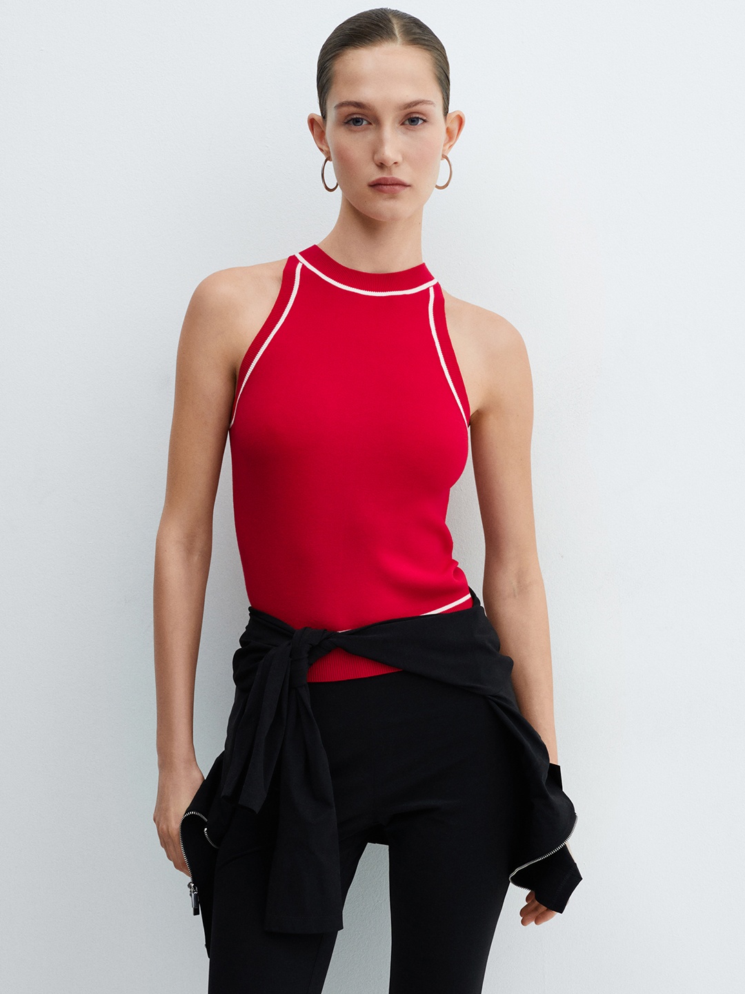 

MANGO Contrast Ribbed Neck Fitted Top, Red