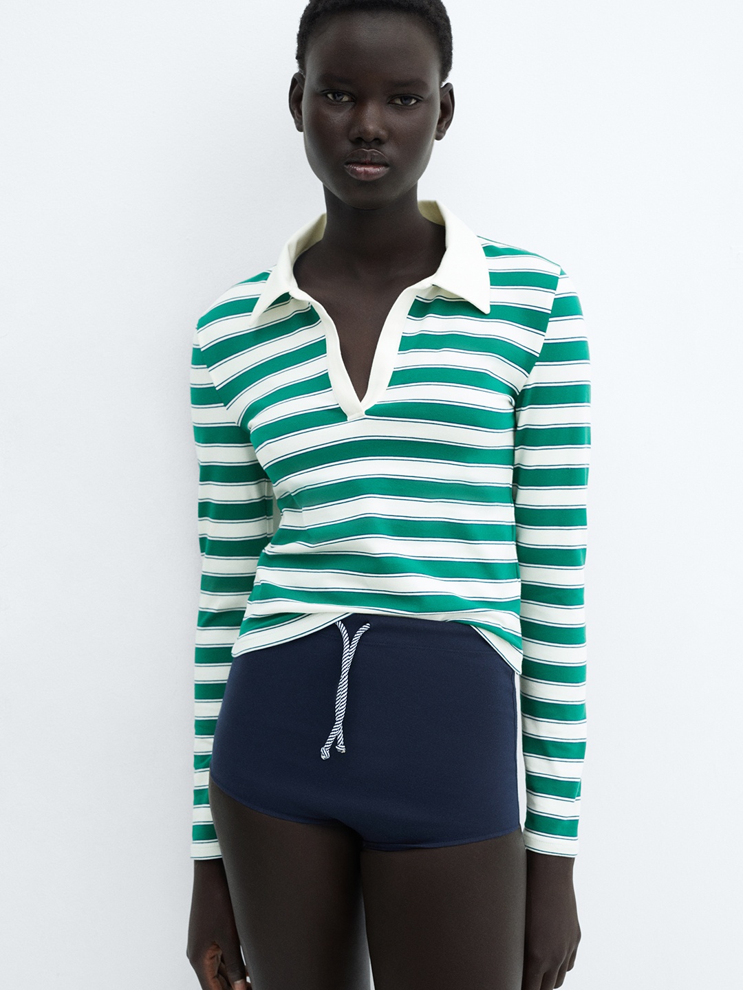 

MANGO Striped V-Neck Polo T-shirt, White