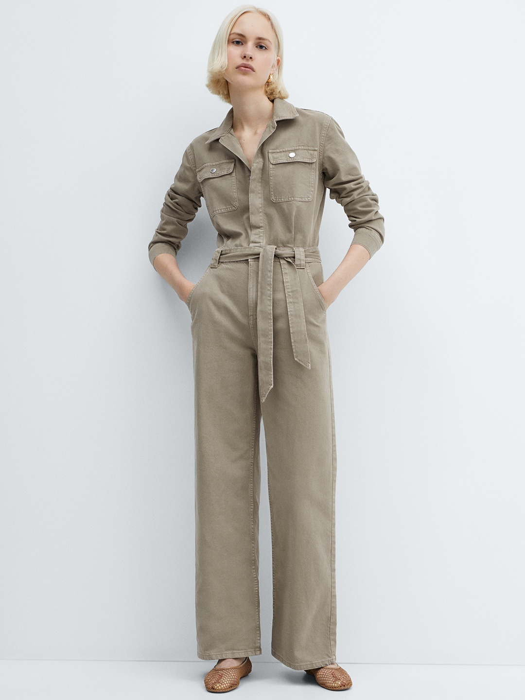 

MANGO Pure Cotton Shirt Style Jumpsuit with Belt, Grey