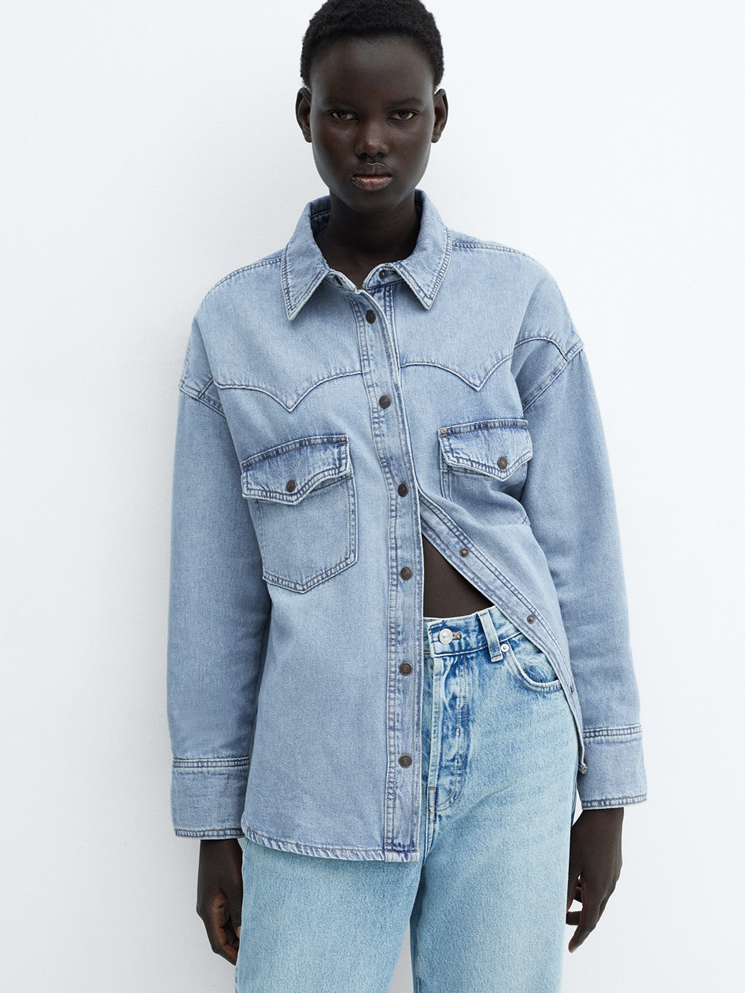 

MANGO Women Pure Cotton Oversized Denim Casual Shirt, Blue