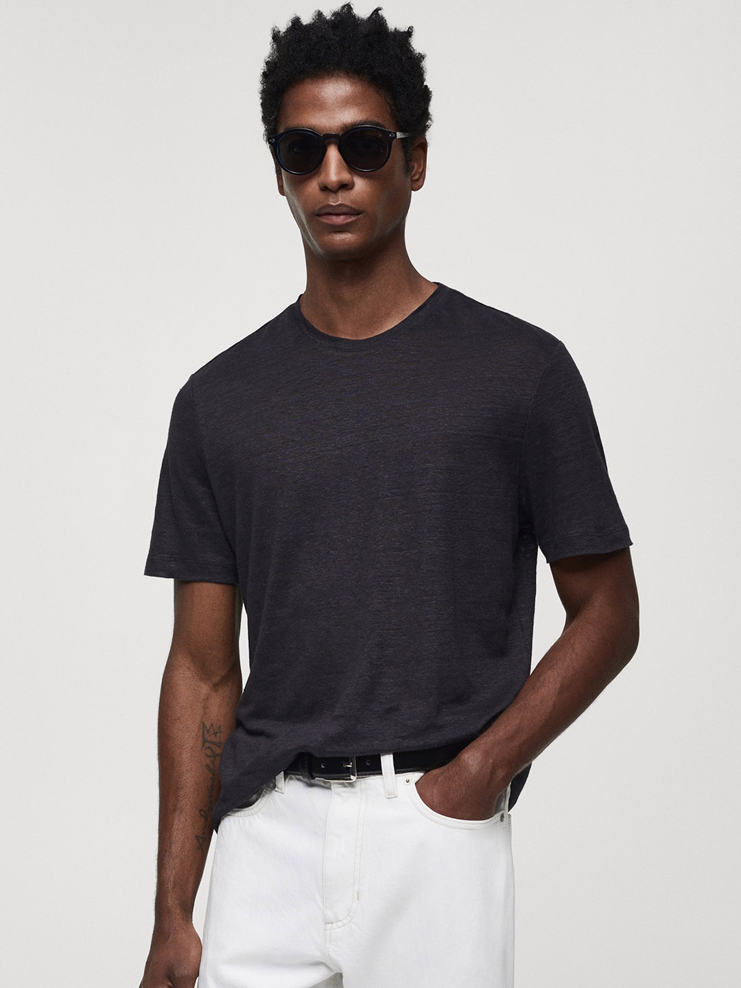 

MANGO MAN Linen Slim Fit T-shirt, Charcoal