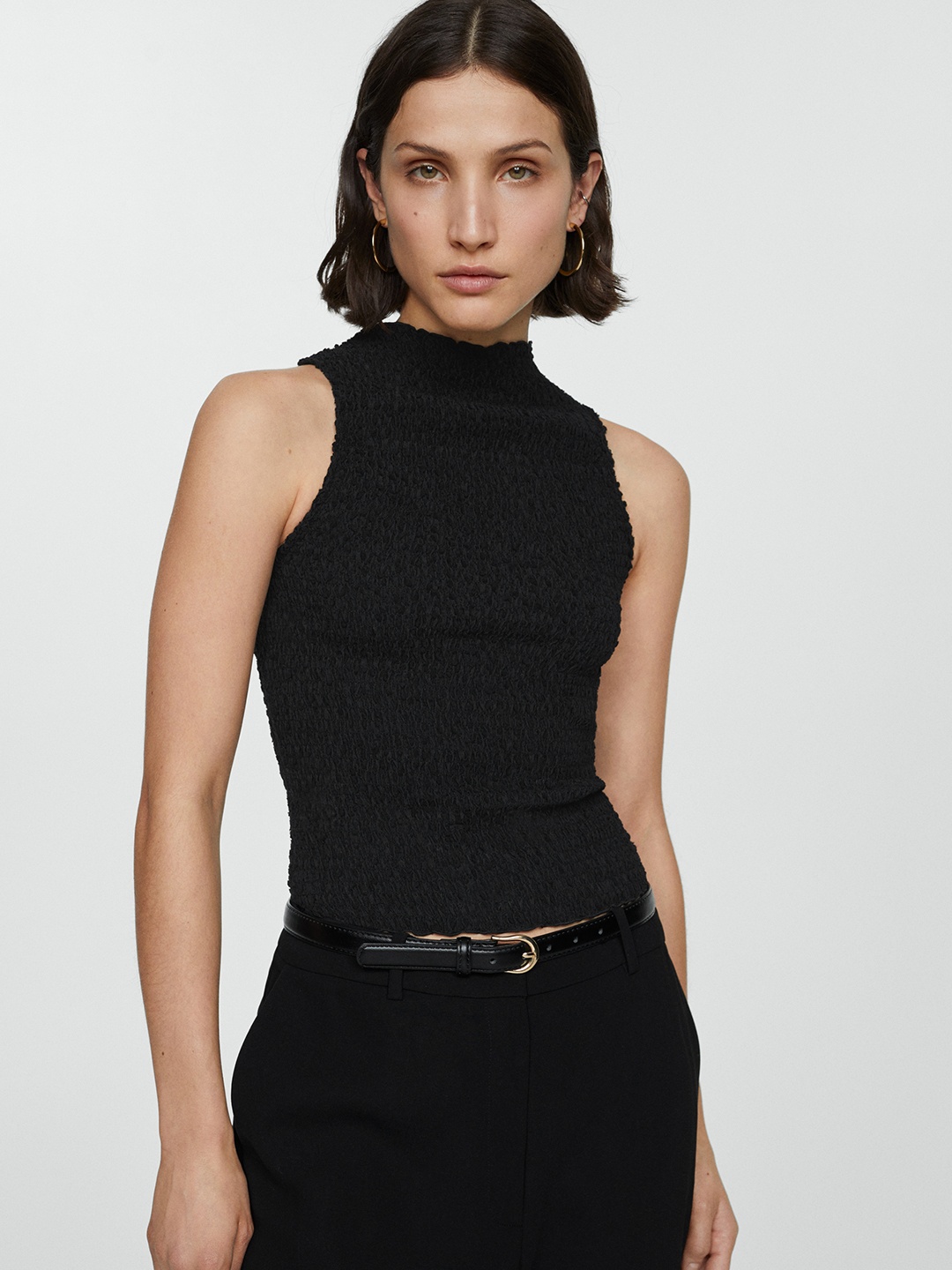 

MANGO Textured Seersucker Fitted Top, Black