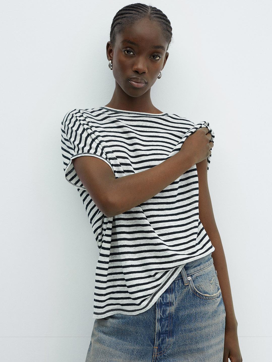

MANGO Striped Extended Sleeves Monochrome Linen T-shirt, White