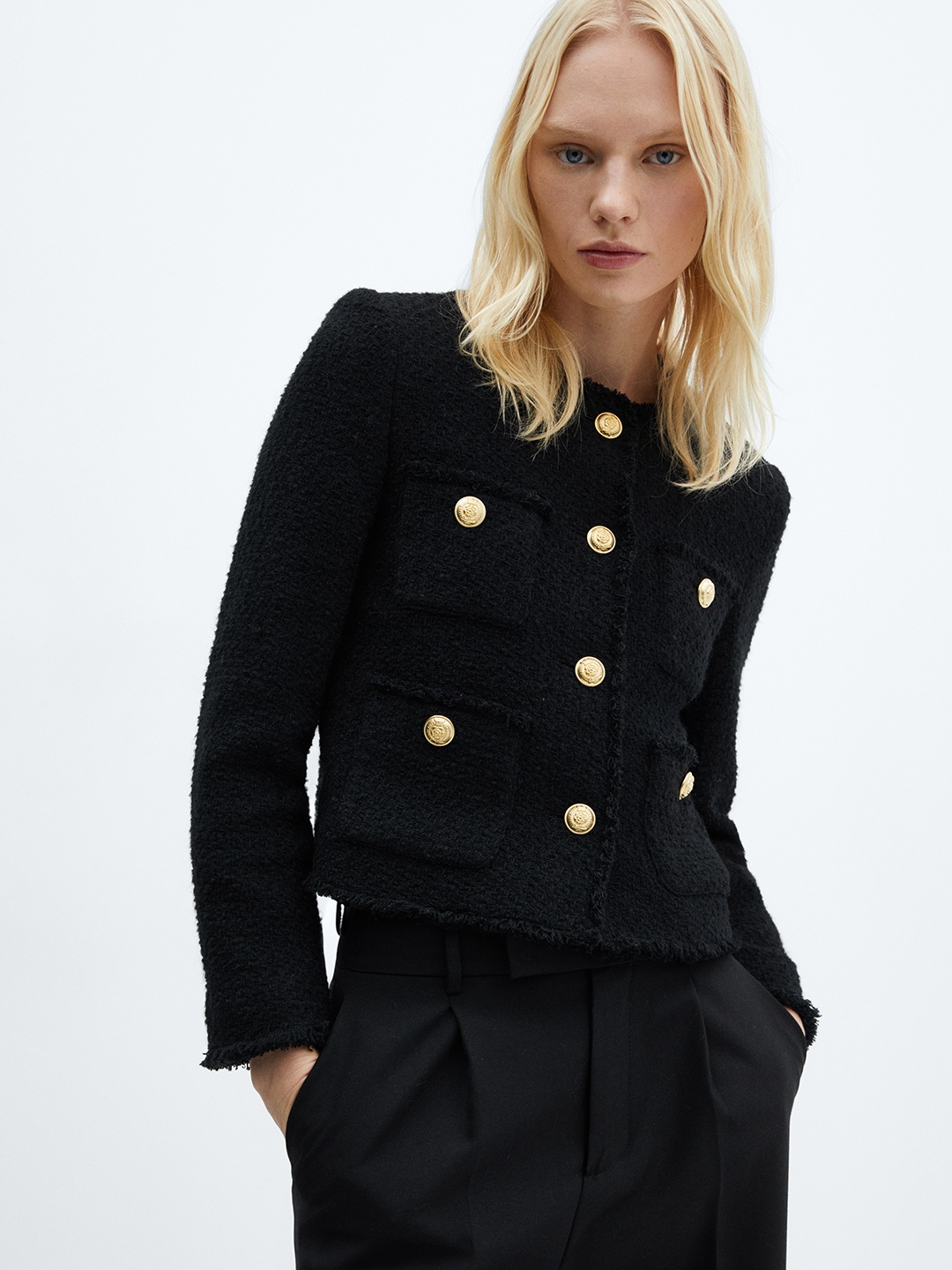 

MANGO Pocket Detail Tweed Tailored Jacket, Black