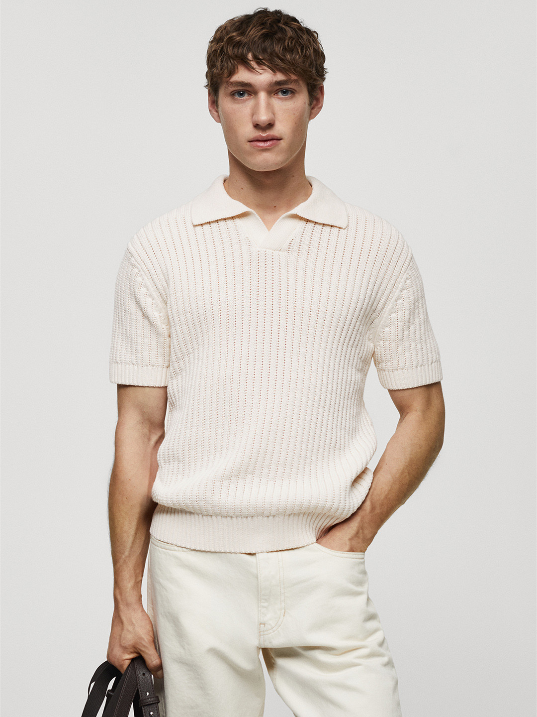 

MANGO MAN Ribbed Polo Collar T-shirt, Cream