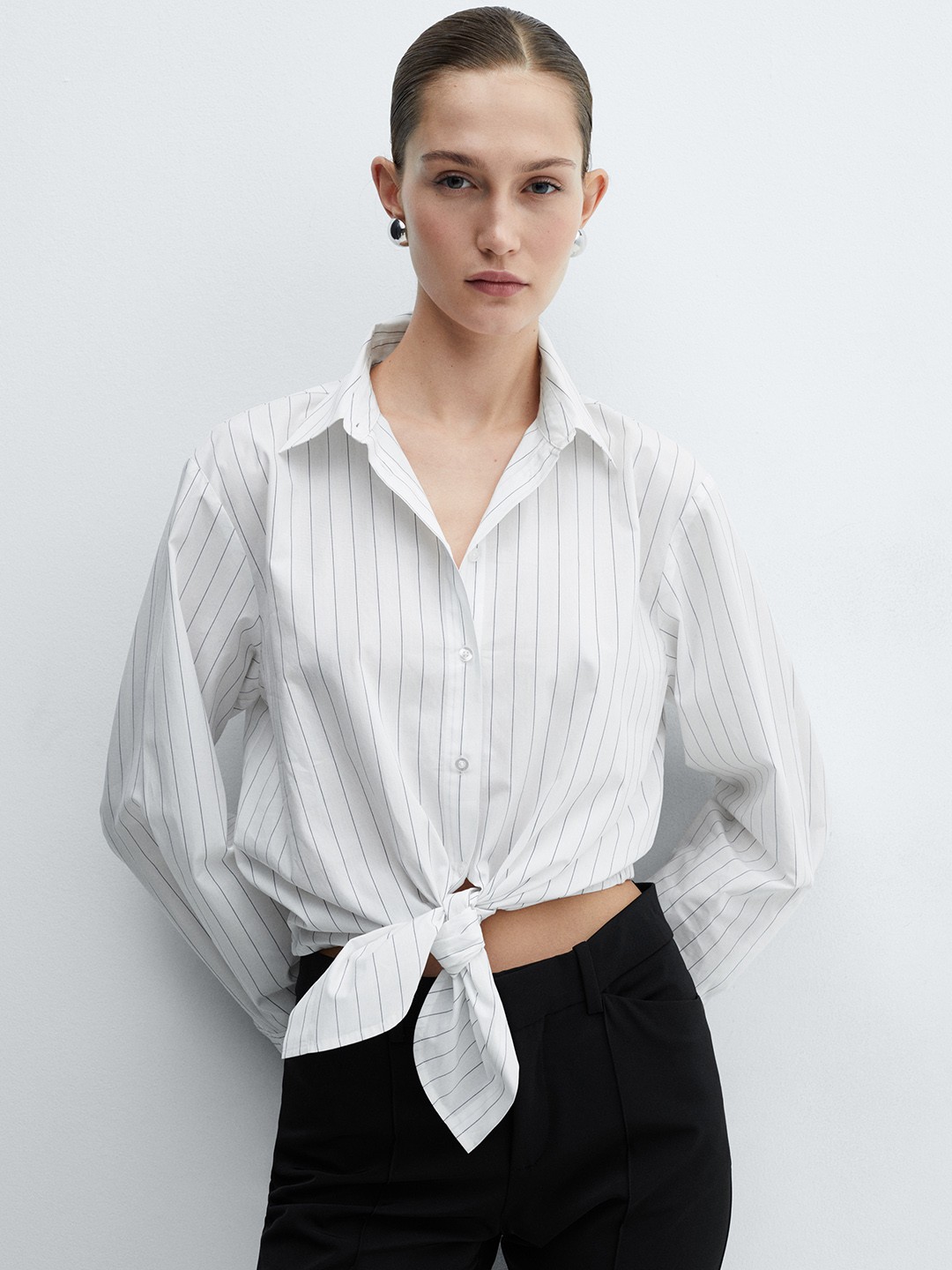 

MANGO Women Striped Pure Cotton Casual Shirt, White