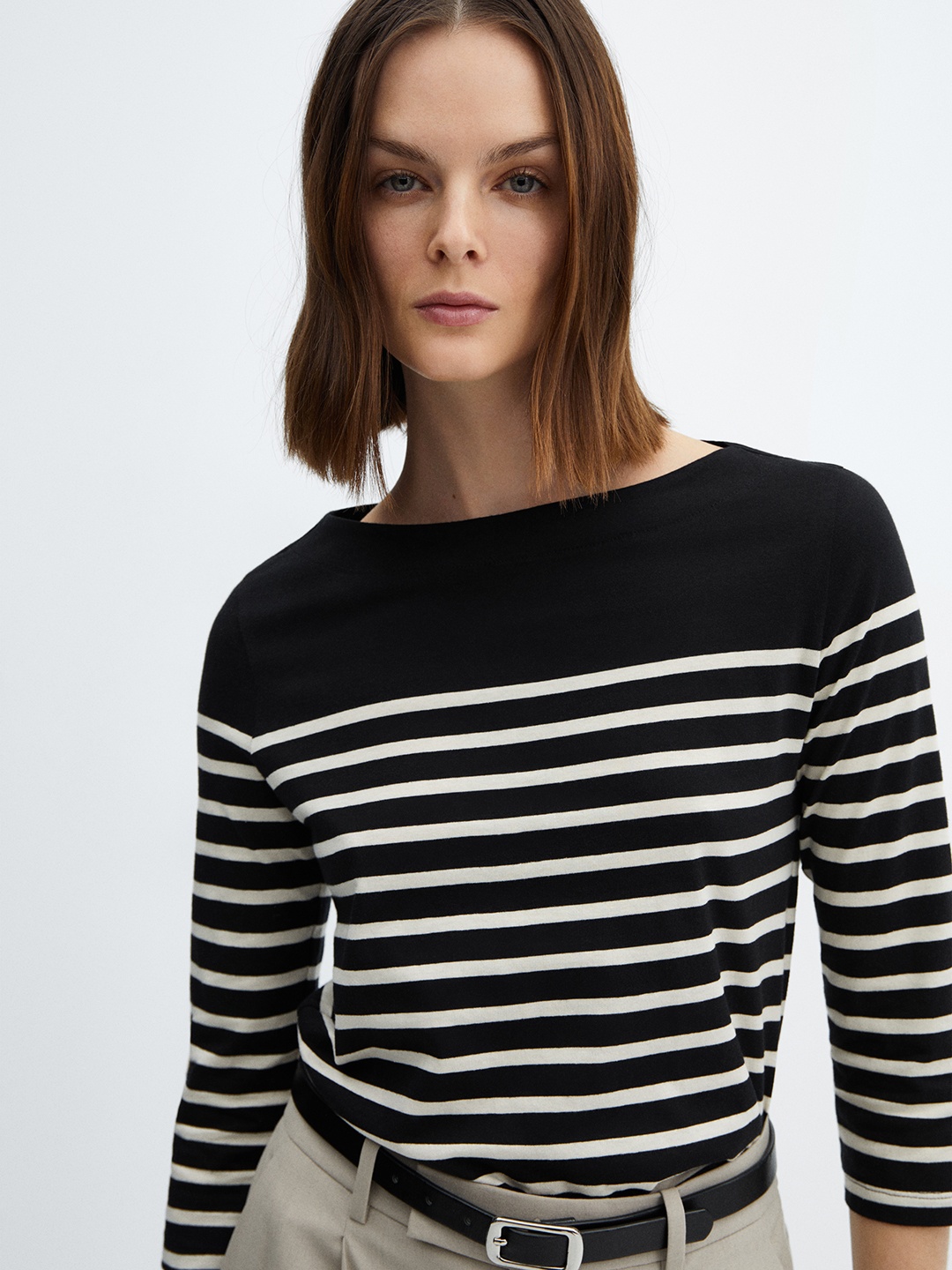 

MANGO Women Striped Pure Cotton Slim Fit T-shirt, Black