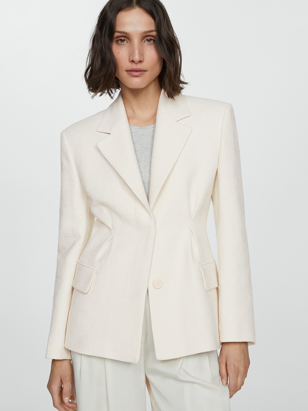 

MANGO Notched Lapel Textured Formal Blazer, Cream