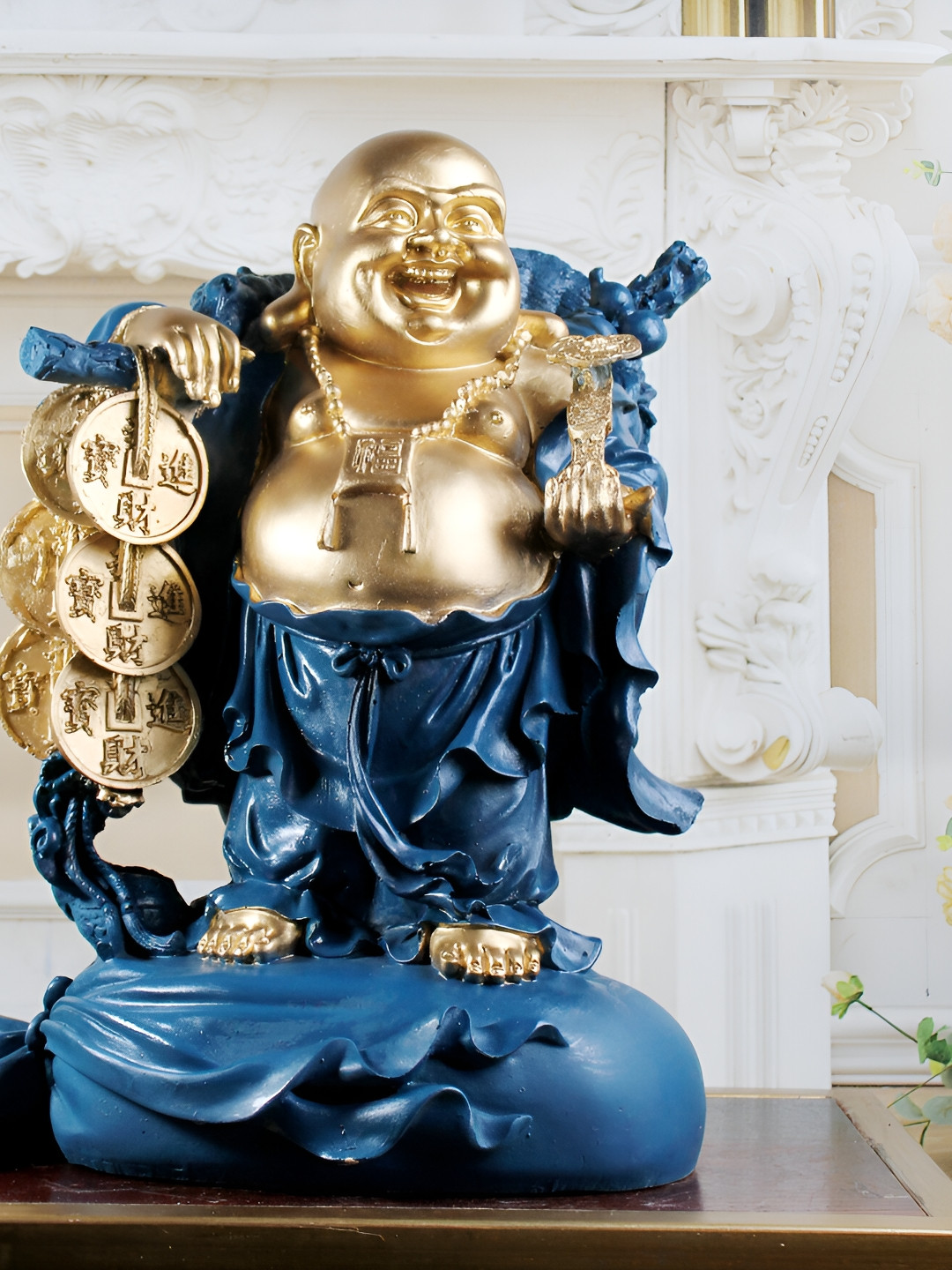 

THE WHITE INK DECOR Blue & Gold Toned Buddha Figurine Showpiece