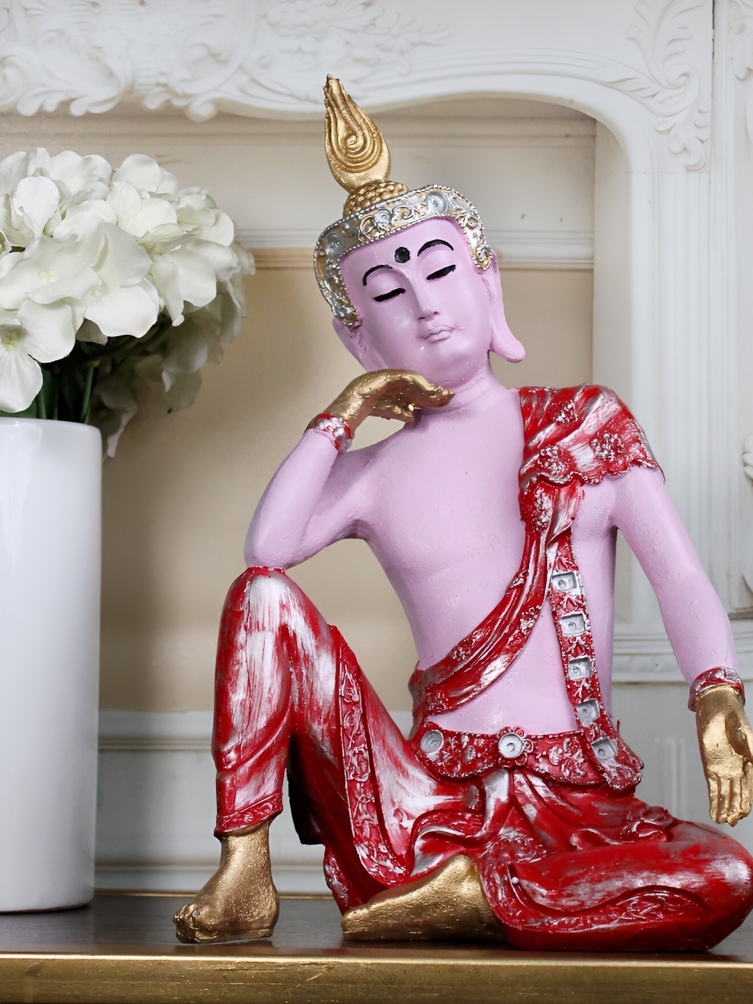 

THE WHITE INK DECOR Pink & Red Buddha Idol Showpiece