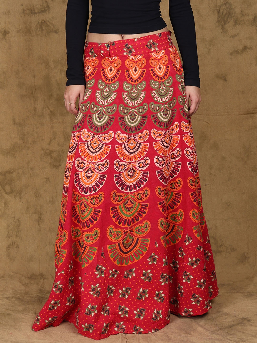 

Exotic India Printed Pure Cotton Wrap Maxi Skirts, Red