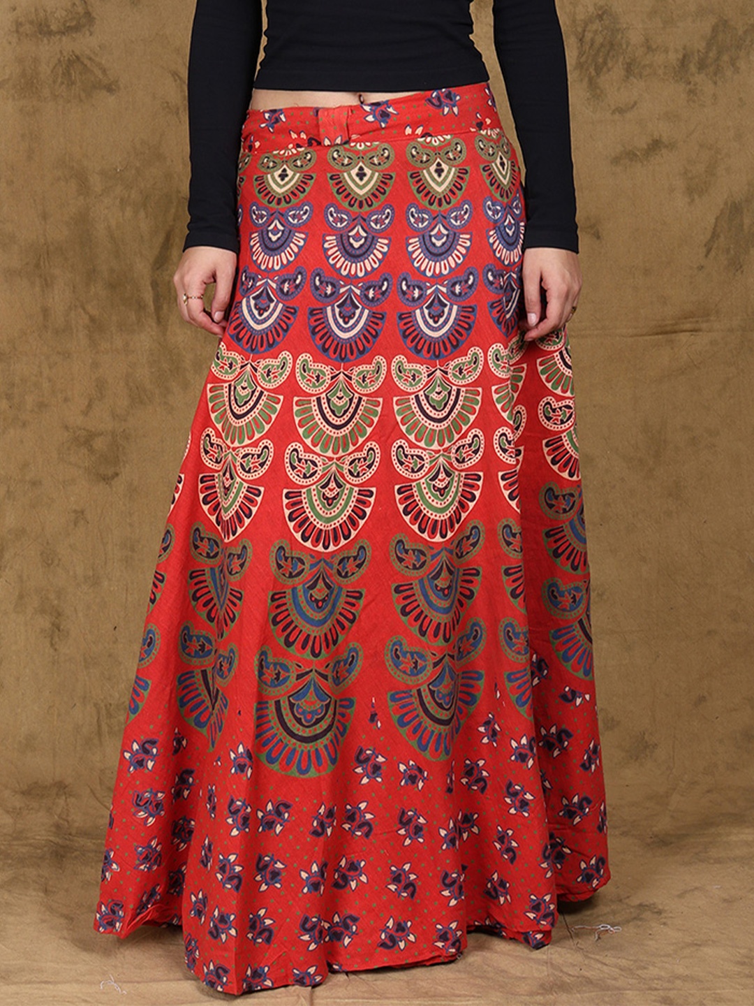 

Exotic India Printed Pure Cotton Flared Maxi Skirts, Red