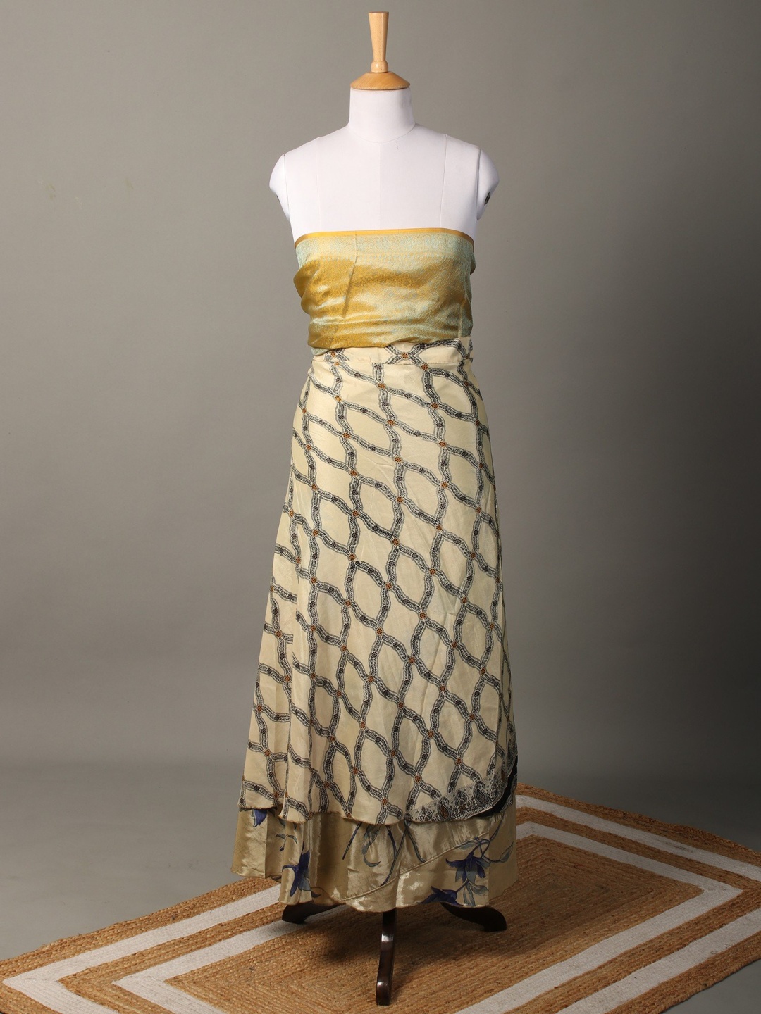 

Exotic India Printed Reversible Wrap Around Maxi Skirts, Beige