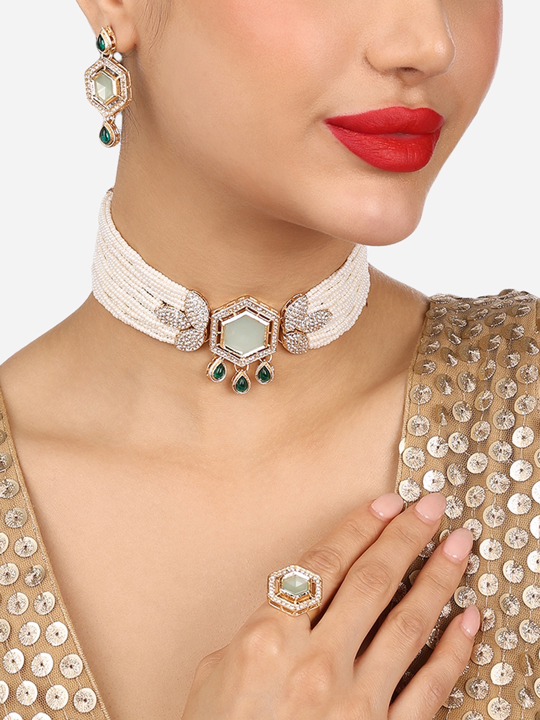 

Zaveri Pearls Gold-Plated Austrian Diamond Necklace and Earrings