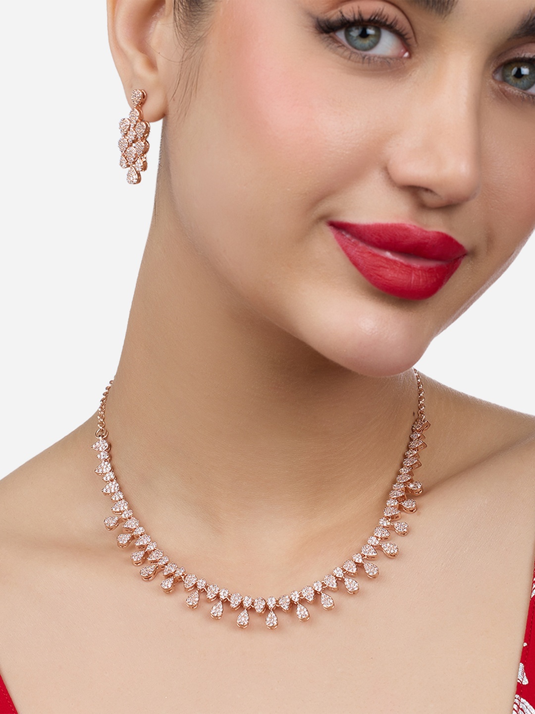 

Zaveri Pearls Rose Gold-Plated Cubic Zirconia Necklace and Earrings