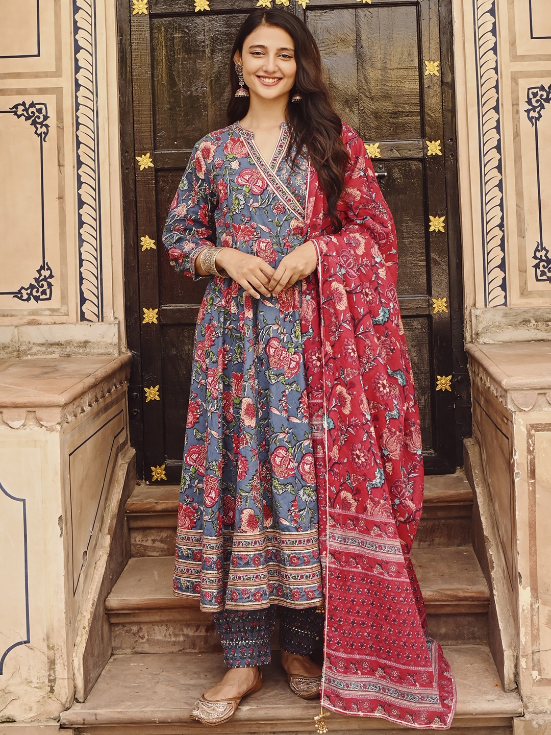 

SAVI Floral Printed Pure Cotton Angrakha Anarkali Kurta With Salwar & Dupatta, Blue