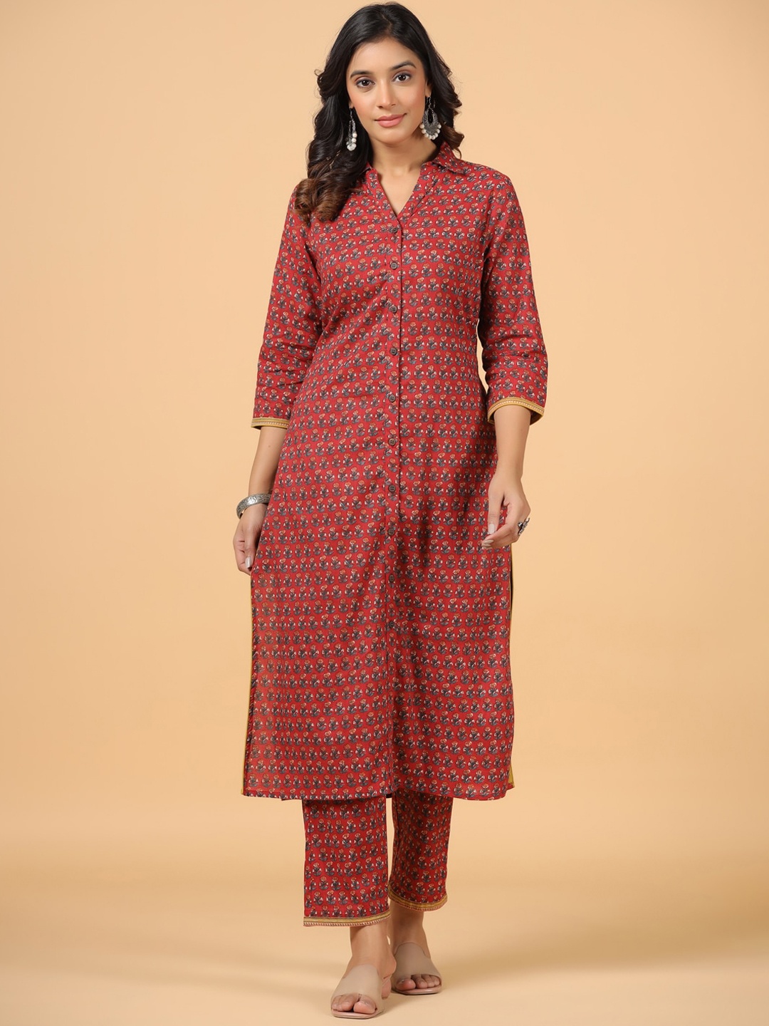 

SAVI Floral Printed Pure Cotton Straight Kurta with Trousers, Red