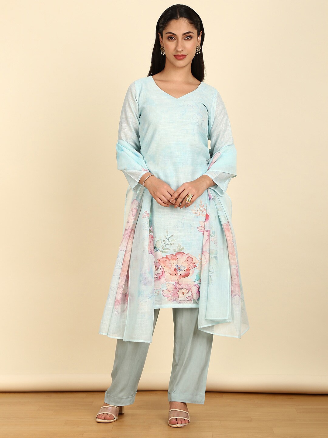 

Soch Floral Printed Linen Unstitched Dress Material, Blue