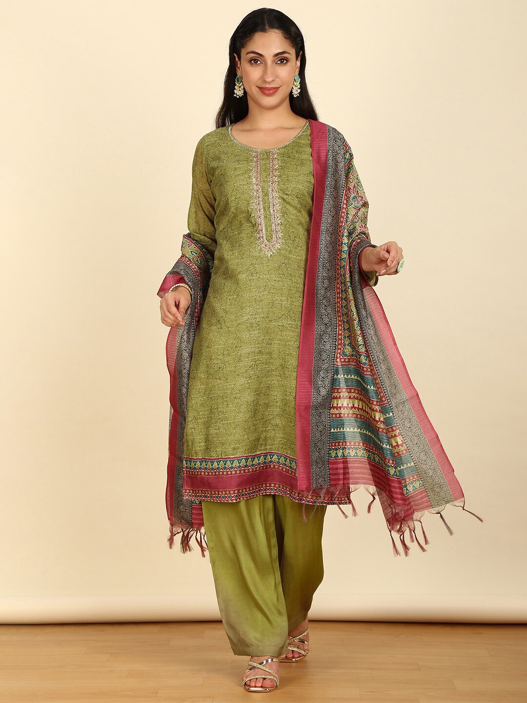 

Soch Printed Unstitched Dress Material, Olive