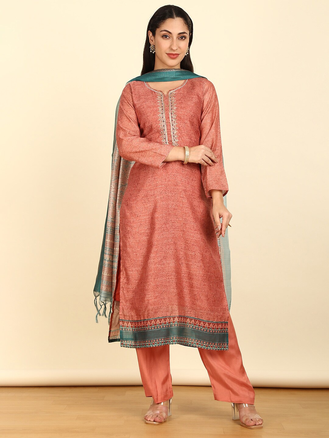 

Soch Printed Unstitched Dress Material, Peach