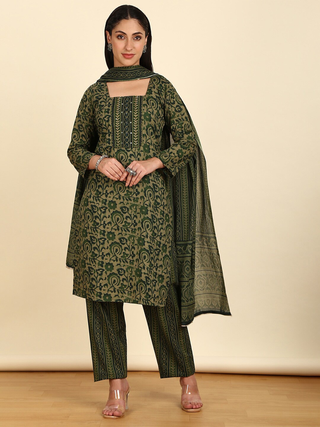 

Soch Printed Pure Cotton Unstitched Dress Material, Olive