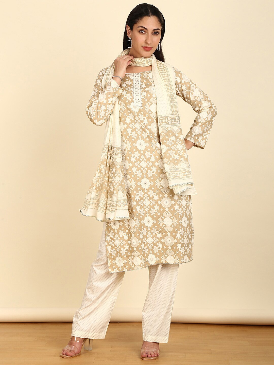 

Soch Ethnic Motifs Printed Pure Cotton Unstitched Dress Material, Beige