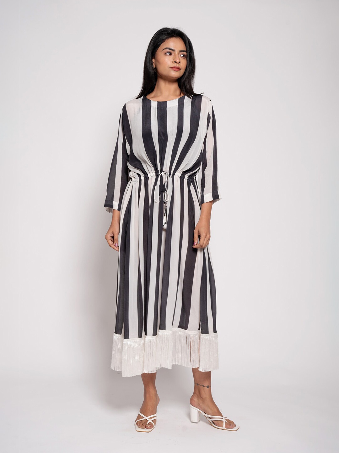

AFFAIRE'S BY LEVELL5 Women Striped Georgette A-Line Midi Dress, Black