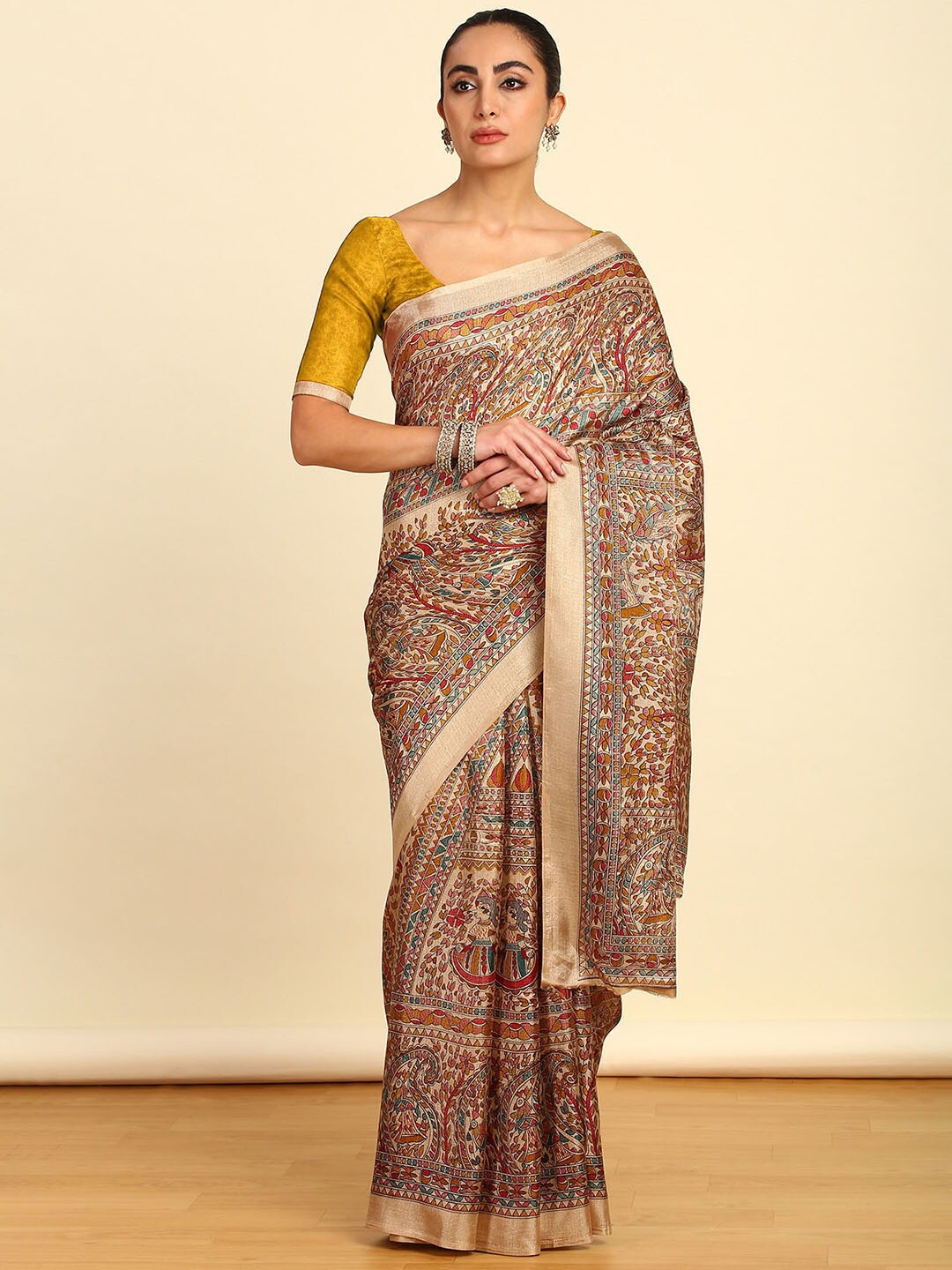 

Soch Gold Toned Paisley Printed Art Silk Saree