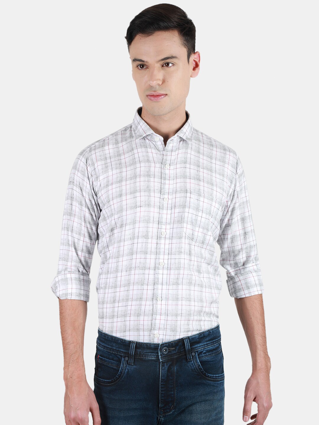 

Duke Men Slim Fit Tartan Checks Opaque Checked Casual Shirt, Grey