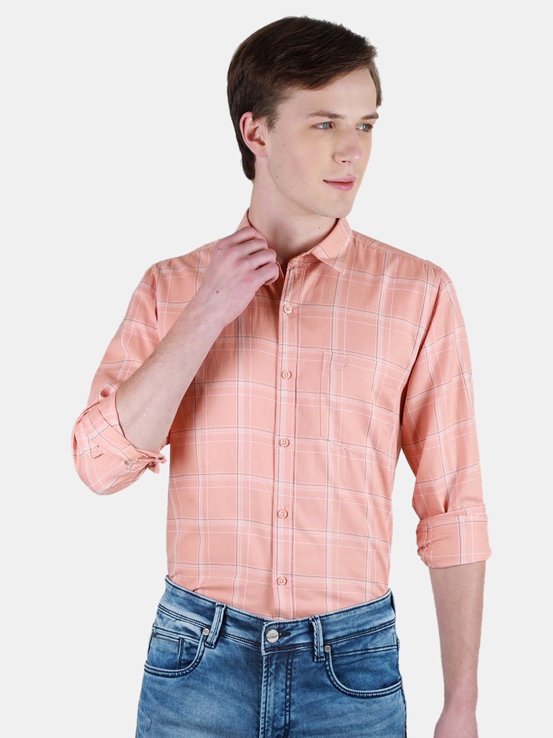 

Duke Men Slim Fit Windowpane Checks Opaque Checked Casual Shirt, Peach