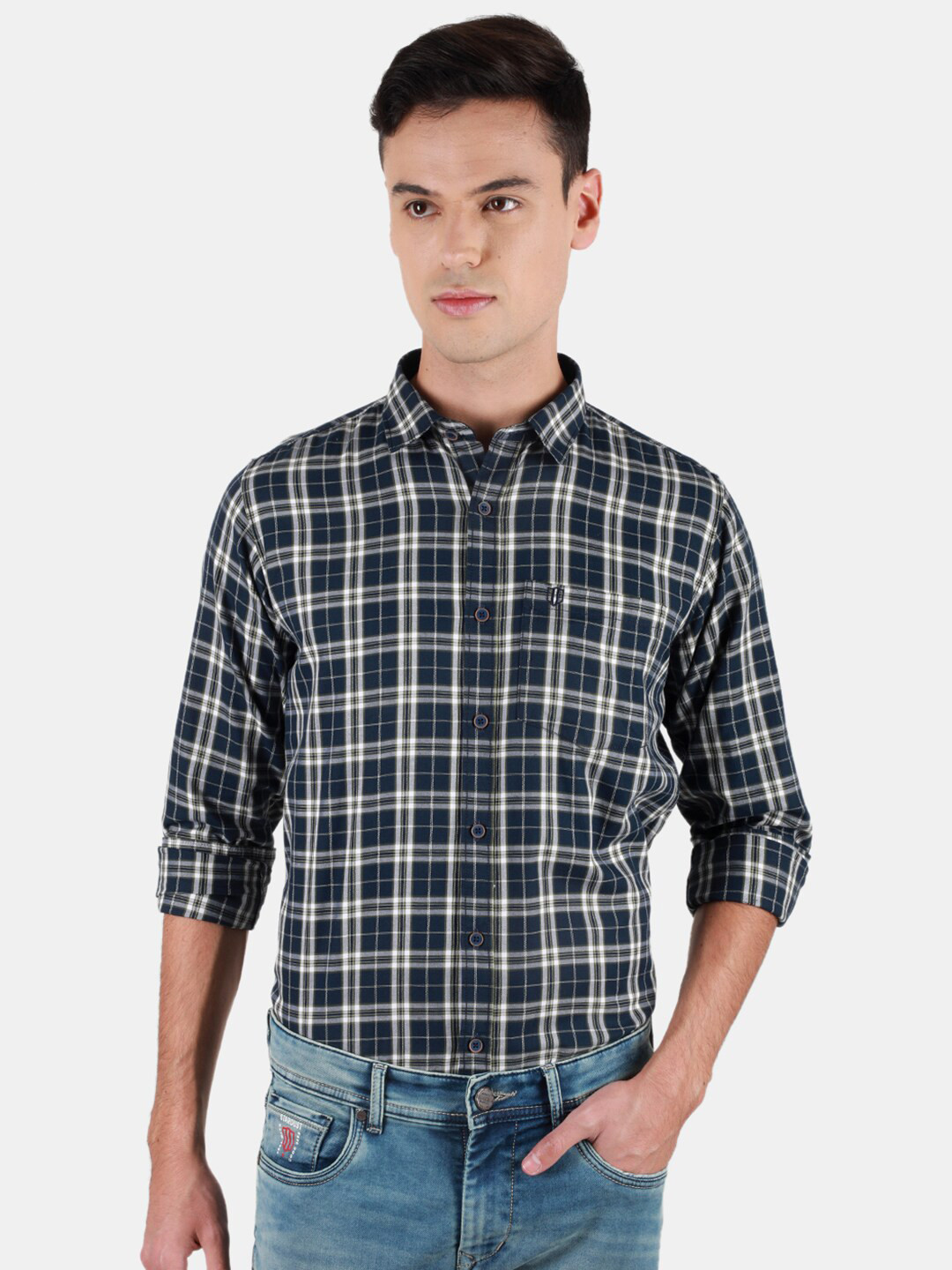 

Duke Men Slim Fit Tartan Checks Opaque Checked Casual Shirt, Blue
