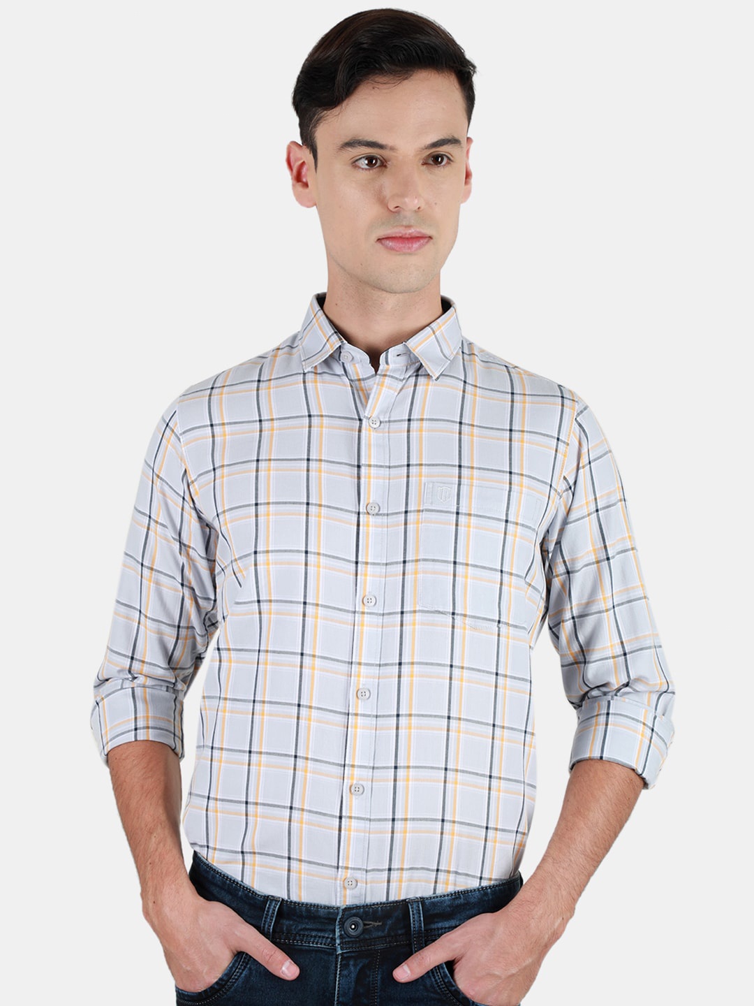

Duke Men Slim Fit Tartan Checks Opaque Checked Casual Shirt, Grey