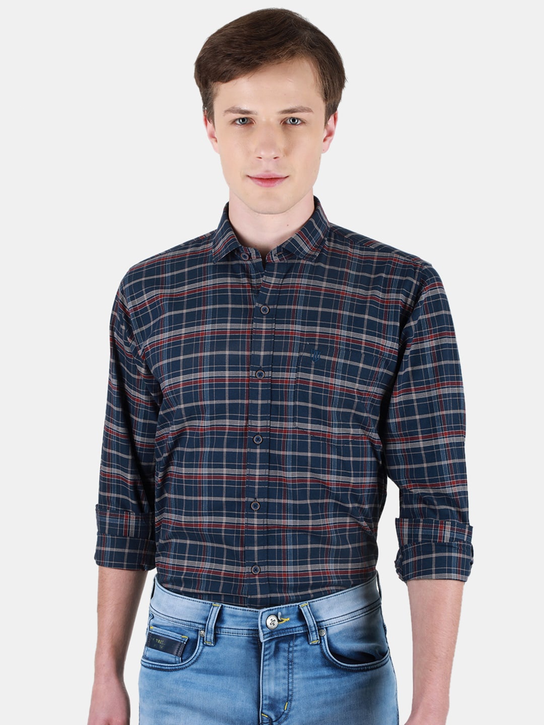 

Duke Men Slim Fit Tartan Checks Opaque Checked Casual Shirt, Blue