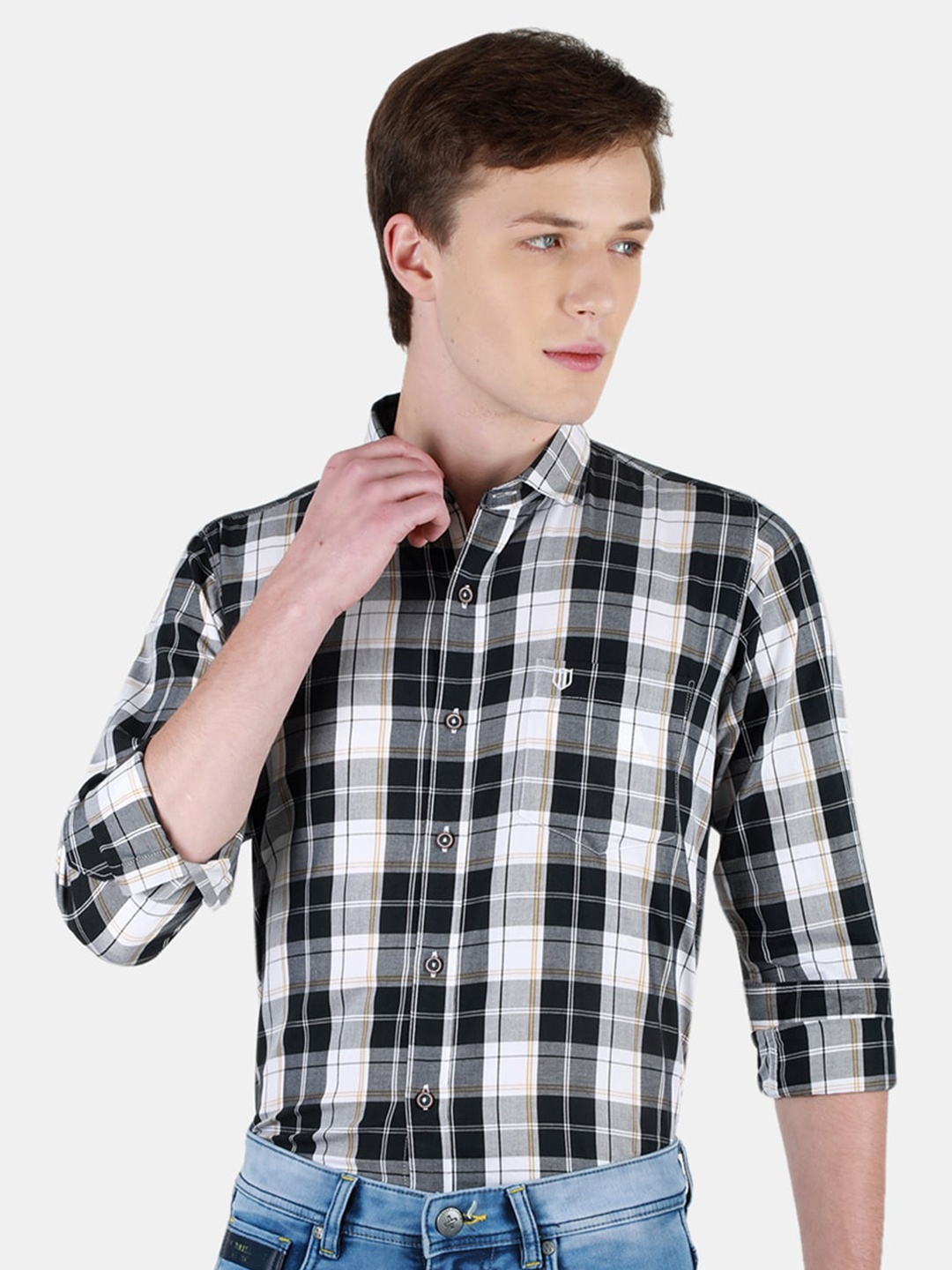 

Duke Slim Fit Tartan Checked Spread Collar Long Sleeves Casual Shirt, Black
