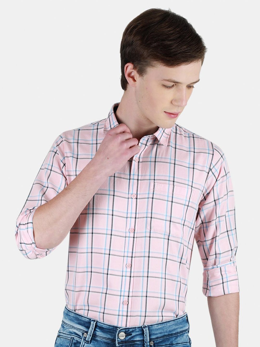 

Duke Men Slim Fit Tartan Checks Opaque Checked Casual Shirt, Pink