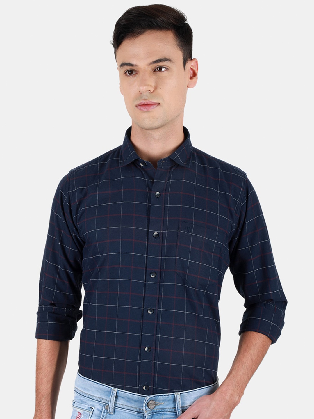 

Duke Men Slim Fit Windowpane Checks Opaque Checked Casual Shirt, Blue