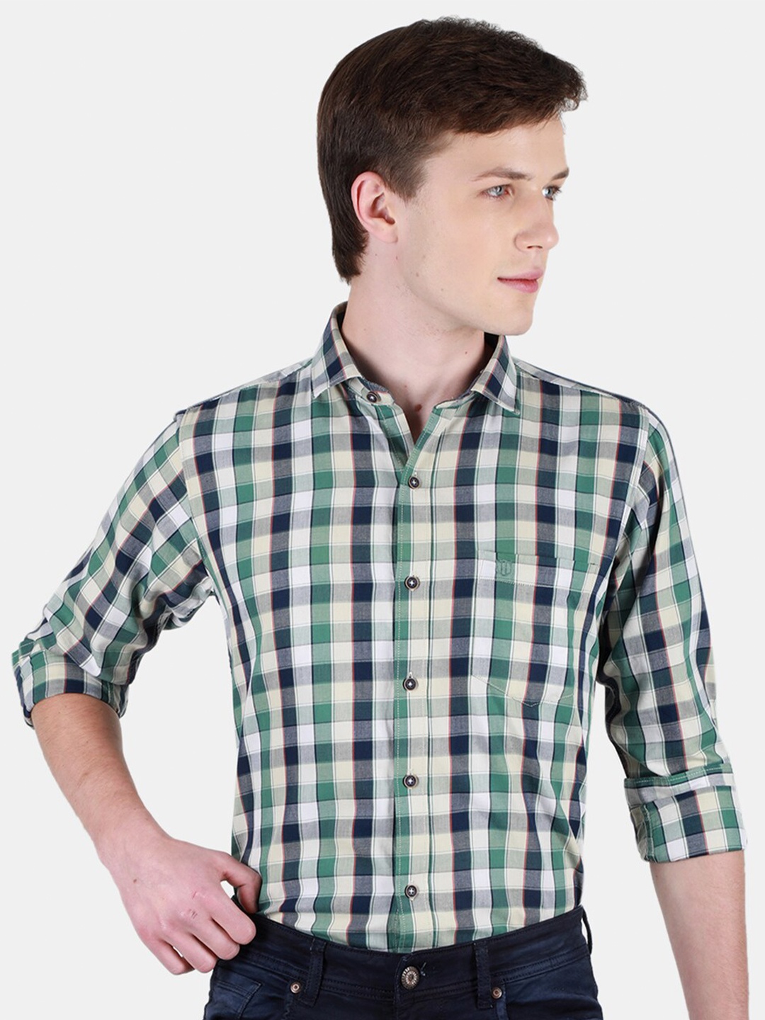 

Duke Men Slim Fit Gingham Checks Opaque Checked Casual Shirt, Green