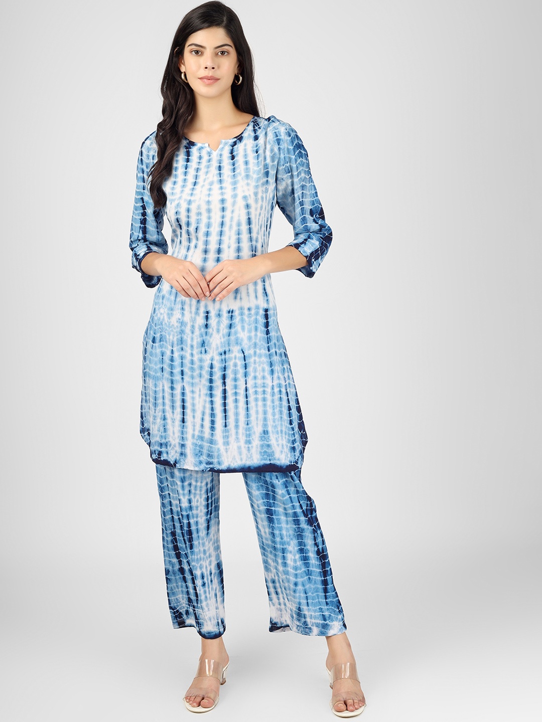 

CELEBRAVO Notch Neck Ombre Printed Regular Straight Kurta with Trousers, Blue