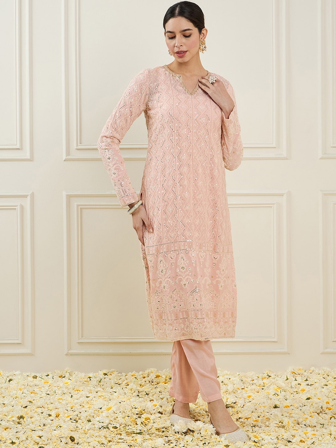 

ADORNIA Embroidered Regular Sequinned Straight Kurta & Trousers, Peach