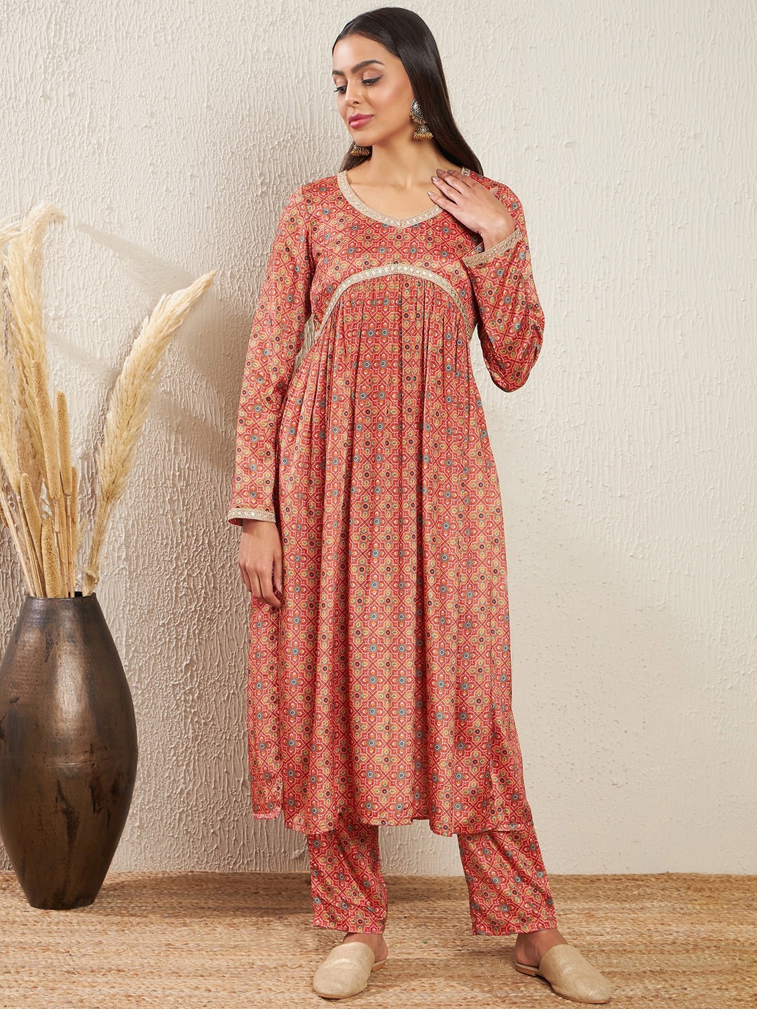 

ADORNIA Printed Empire Silk Crepe Kurta & Trousers, Rust