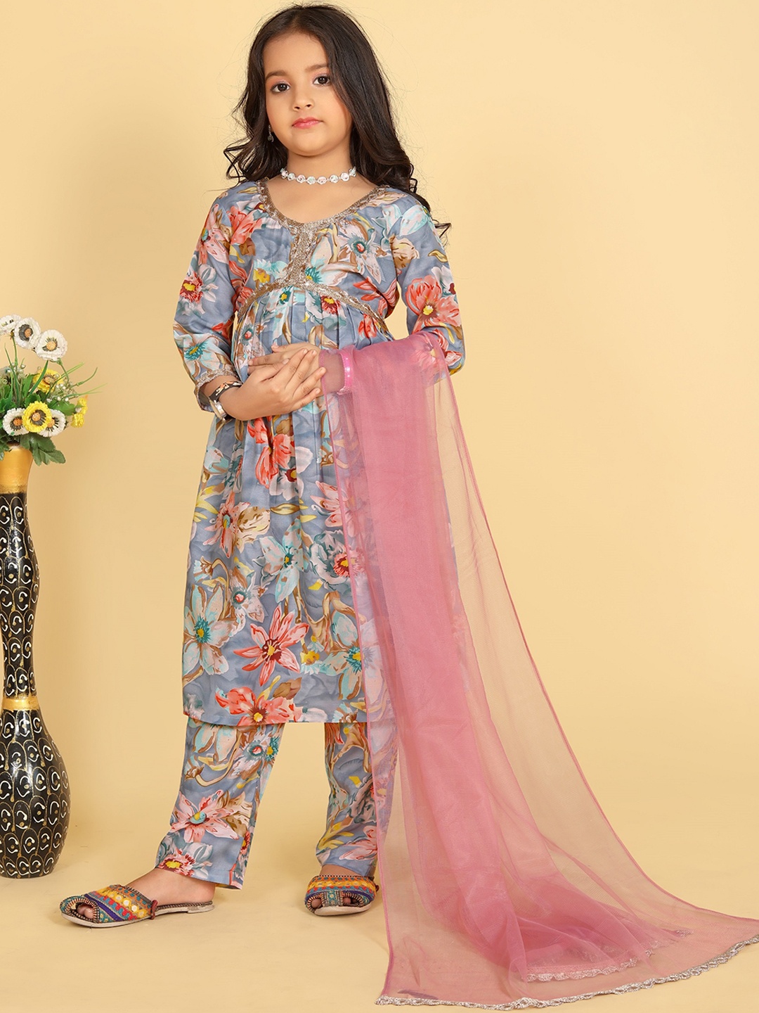 

BAESD Girls Floral Printed Sequinned Anarkali Kurta With Trousers & Dupatta, Blue