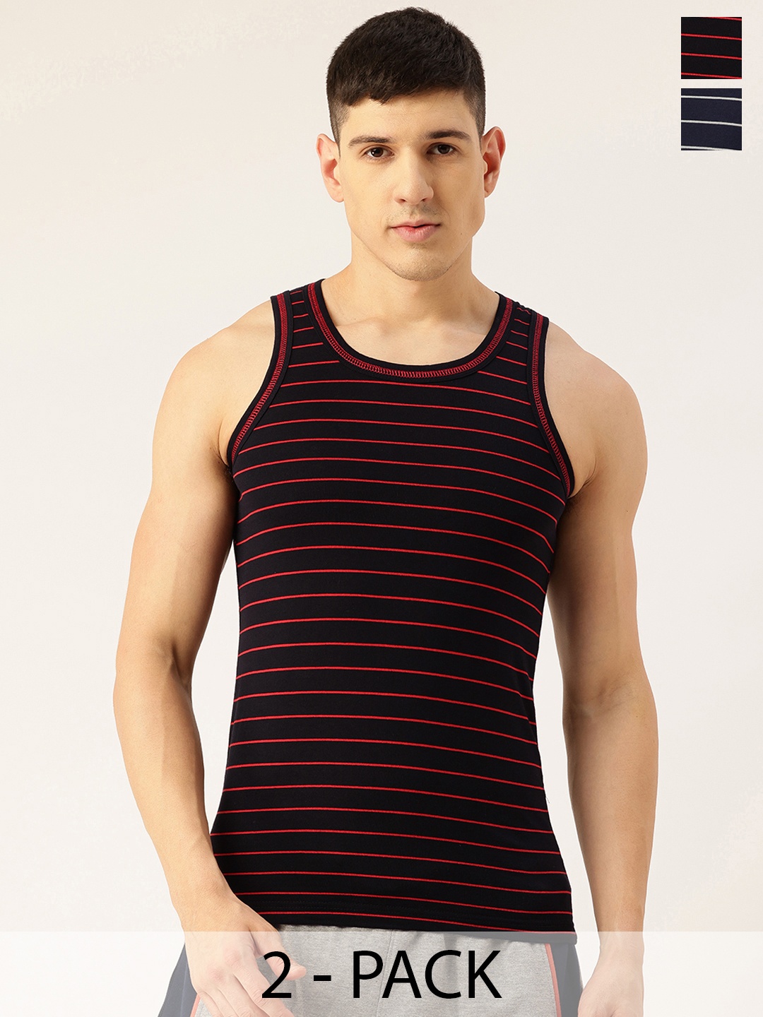 

Chromozome Pack Of 2 Striped Innerwear Vests, Black