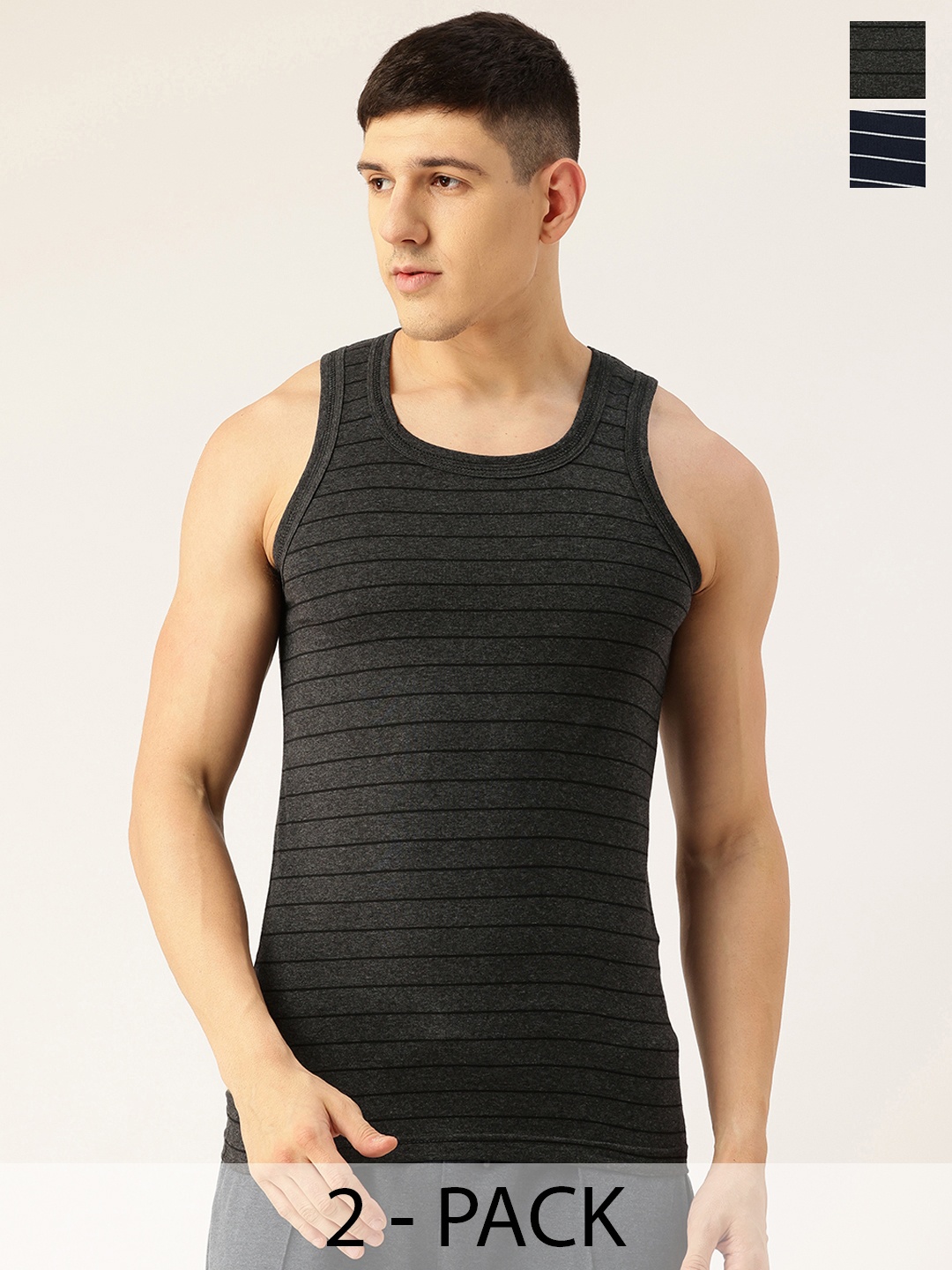 

Chromozome Pack Of 2 Striped Innerwear Vest, Charcoal