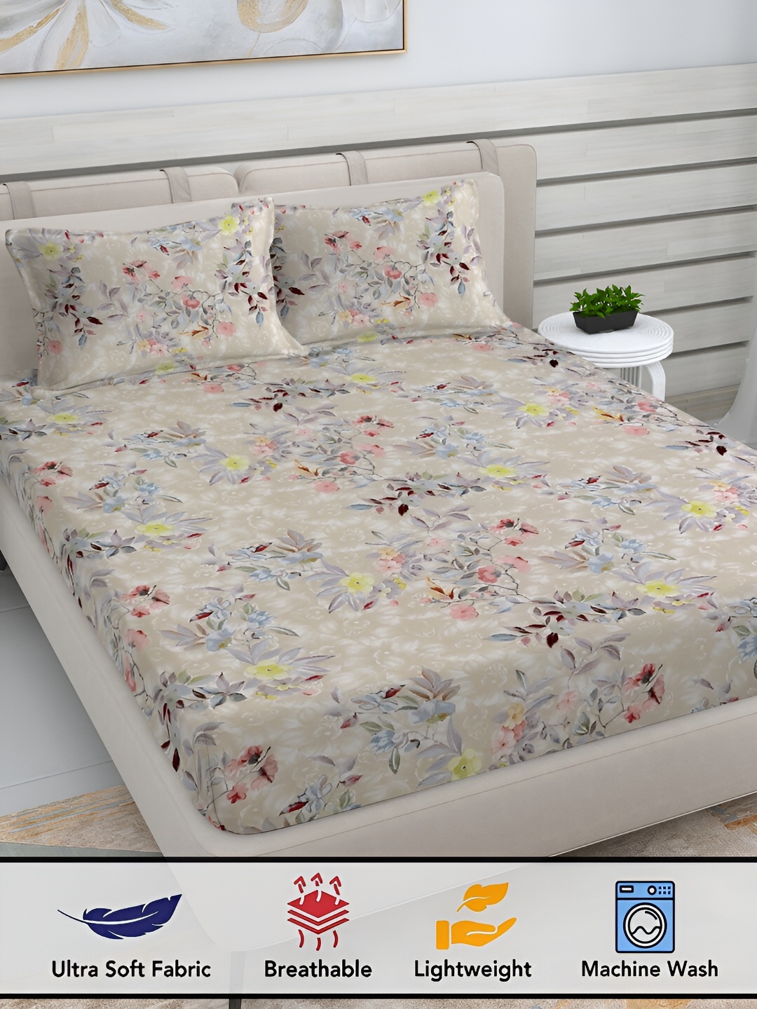 

FABINALIV White & Blue Floral Print 300 TC King Size Bedsheet & 2 Pillow Covers