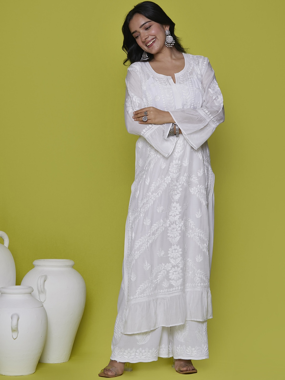 

House of Chikankari Ethnic Motifs Muslin Chikankari Embroidered Kurta, White