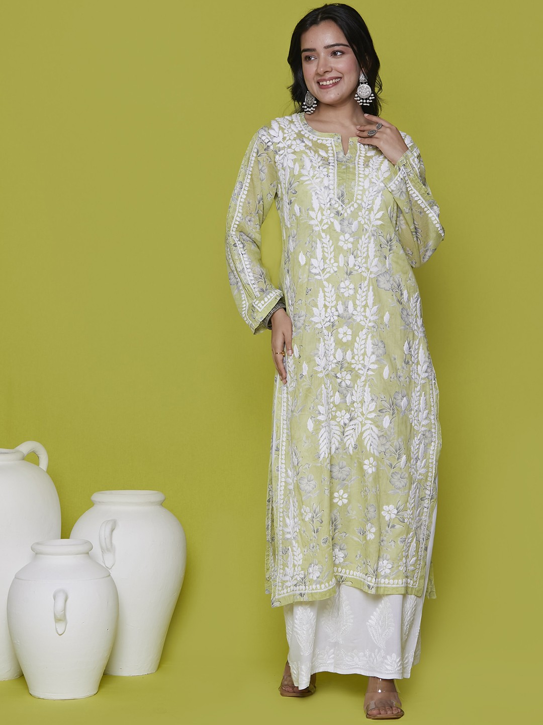

House of Chikankari Women Printed Keyhole Neck Flared Sleeves Thread Work Kurta, Green