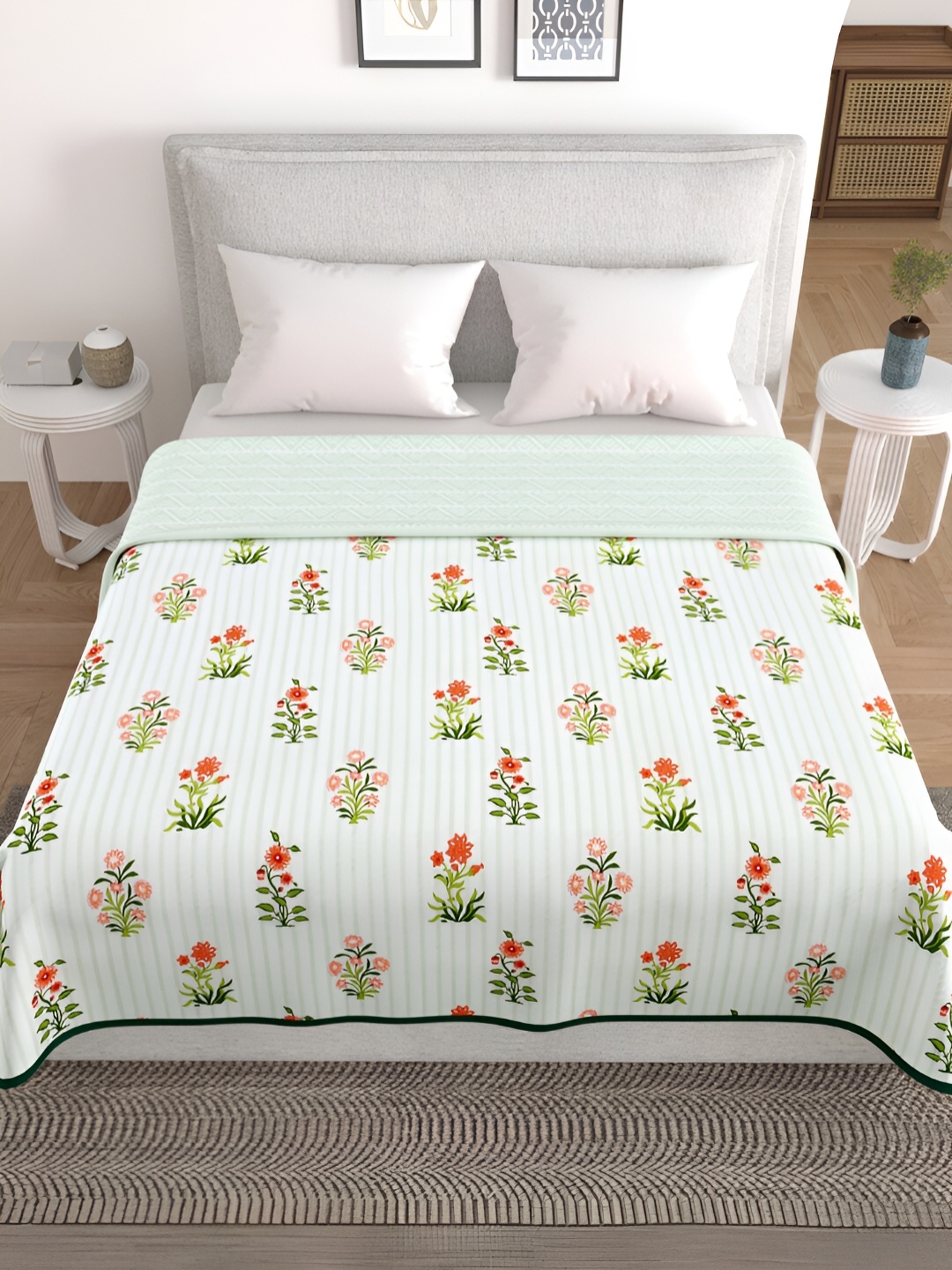 

HOME AFFAIRS Off White & Green Floral Cotton AC Room 300 GSM Double Bed Dohar