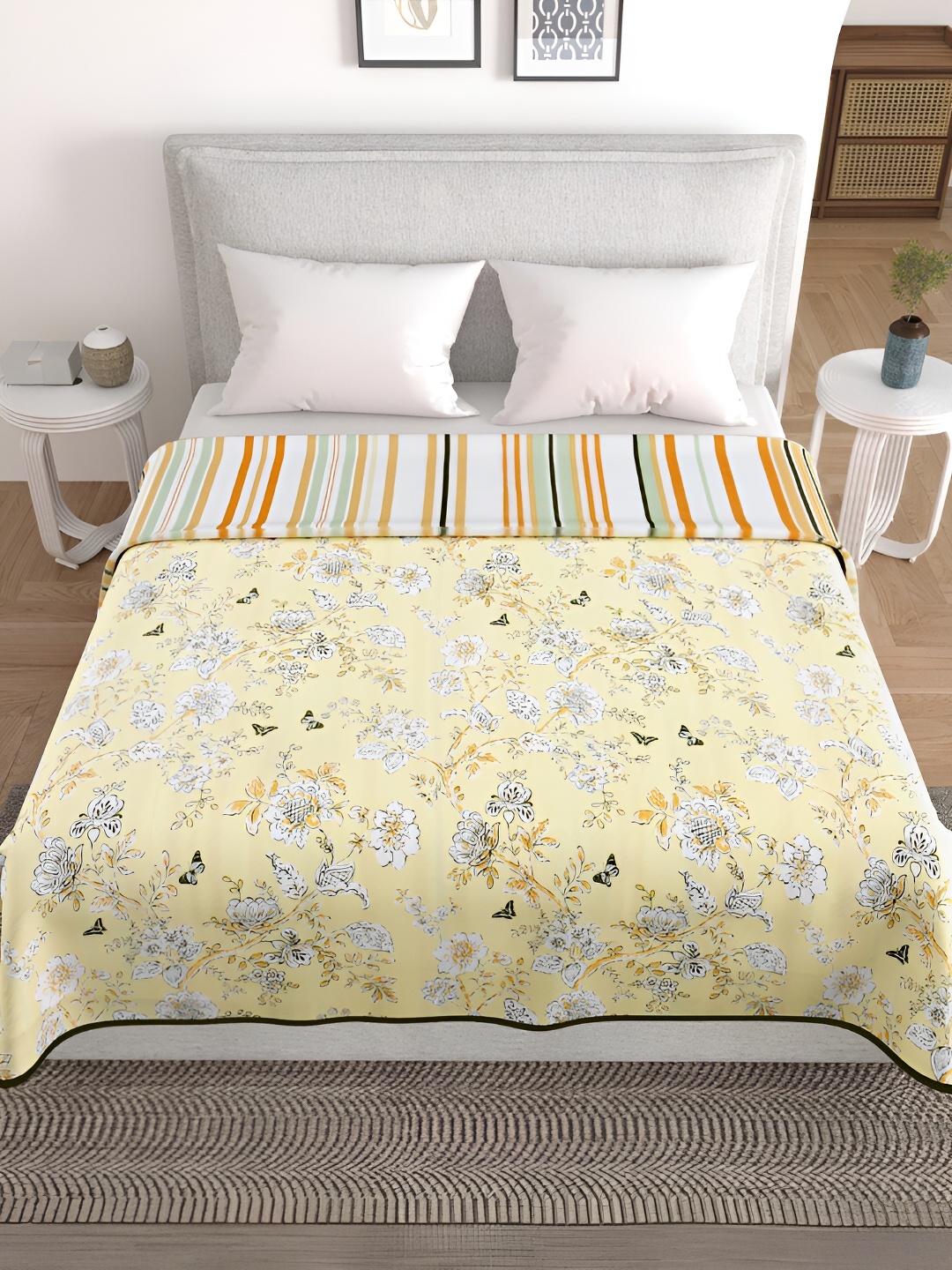 

HOME AFFAIRS Yellow & White Floral Cotton AC Room 300 GSM Single Bed Dohar