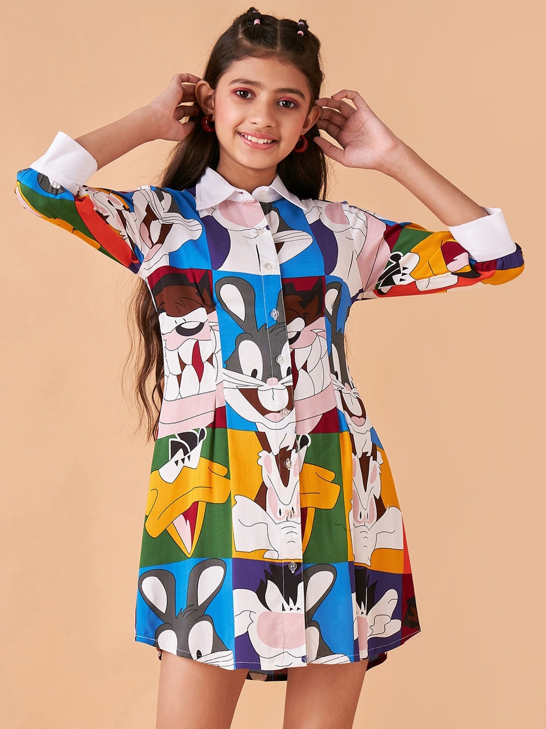 

Cherry & Jerry Girls Conversational Printed Shirt Collar Shirt Mini Dress, White