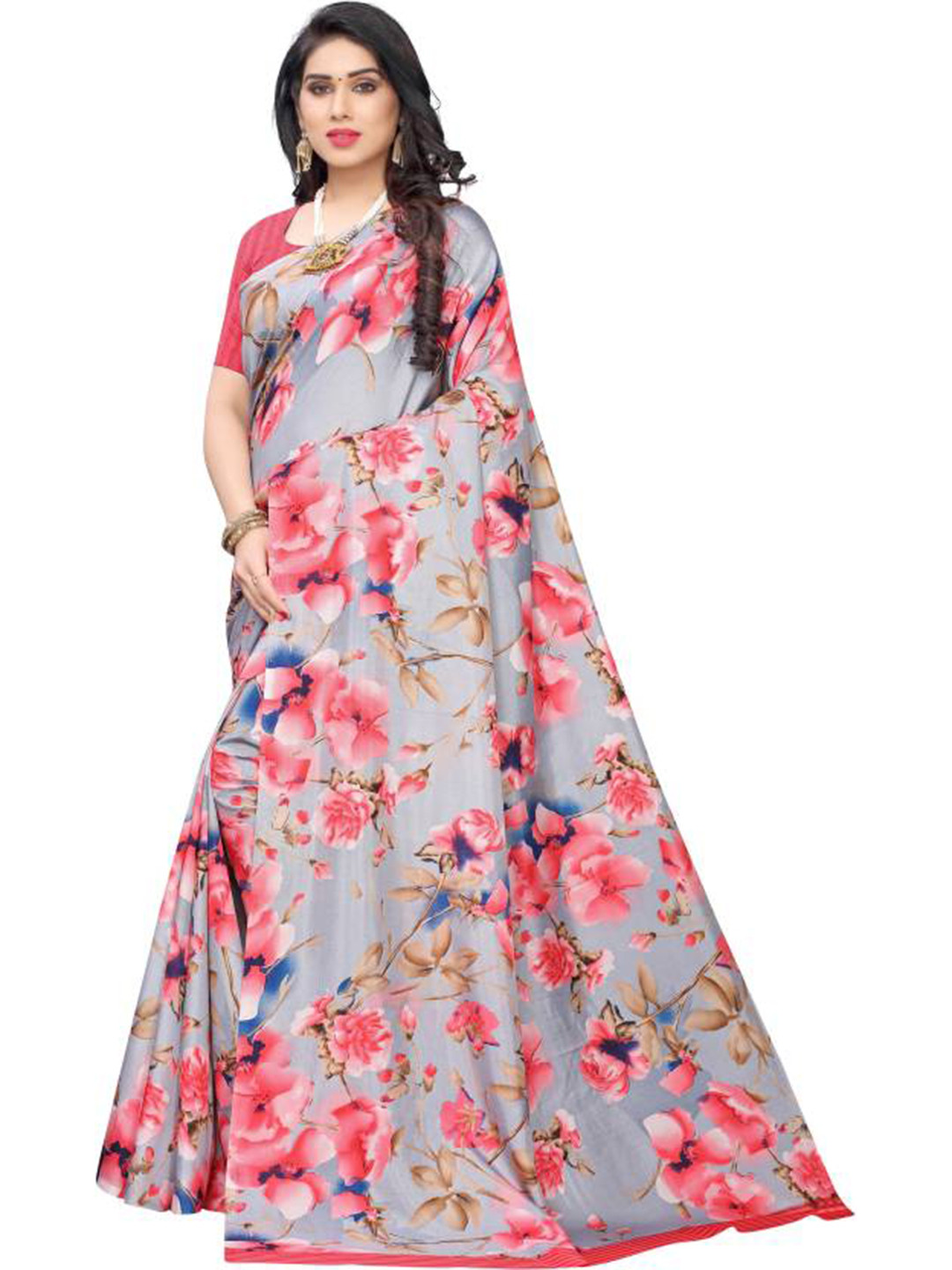 

RUNAYA NX Floral Zari Silk Cotton Saree, Grey